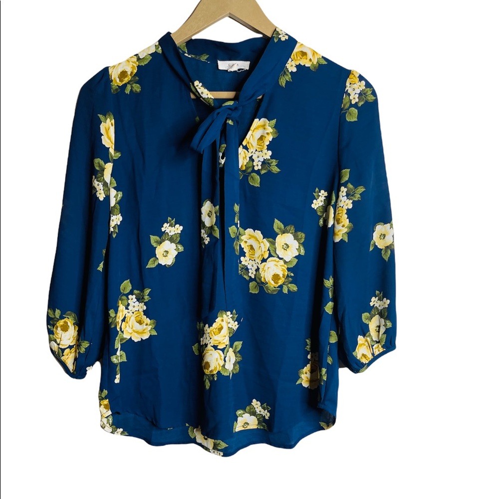 E Hanger M by Anthropologie Blouse Top Navy w Yellow floral